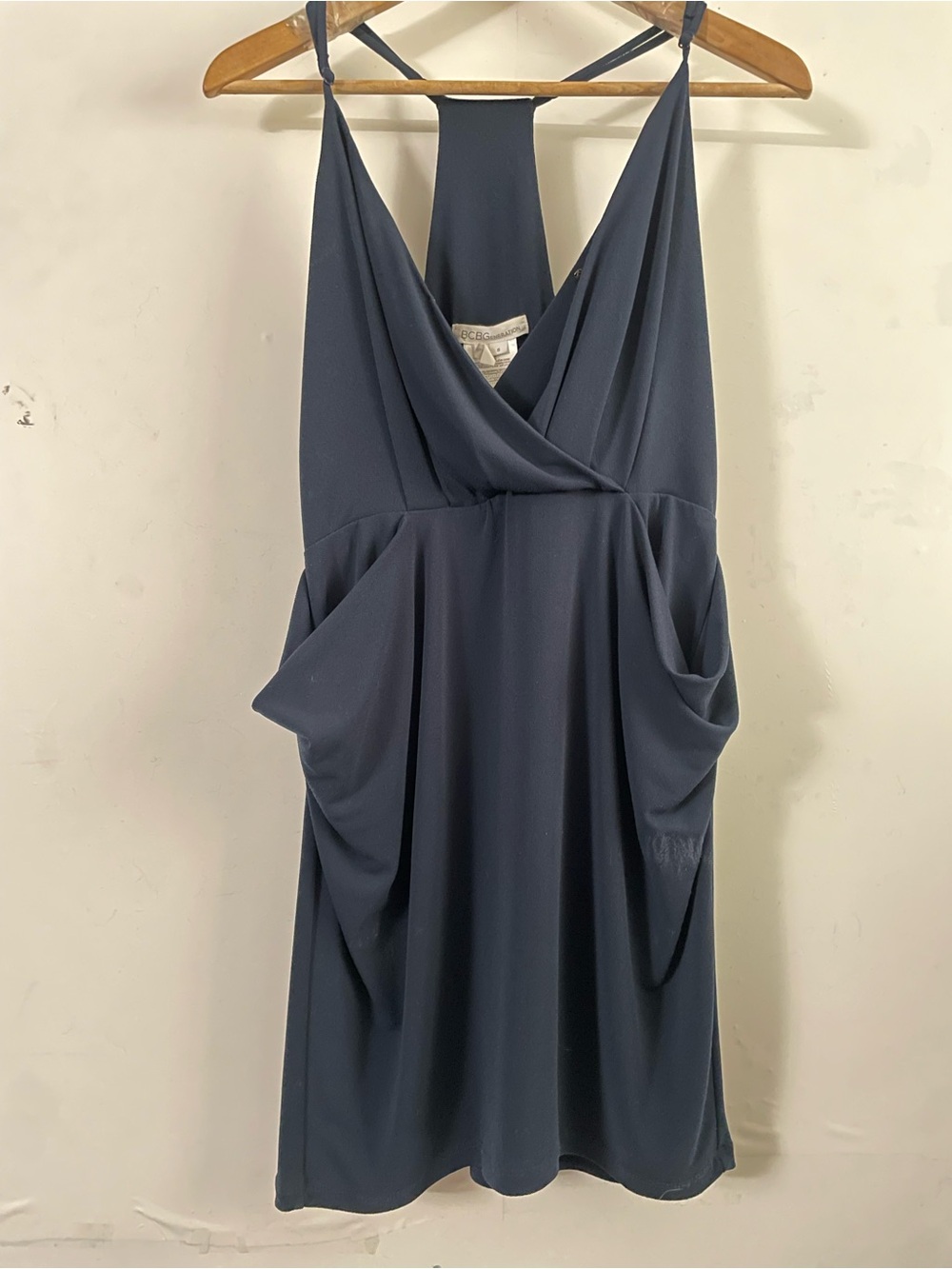 BCBG Sleeveless Navy Blue Draped V-Neck Dress